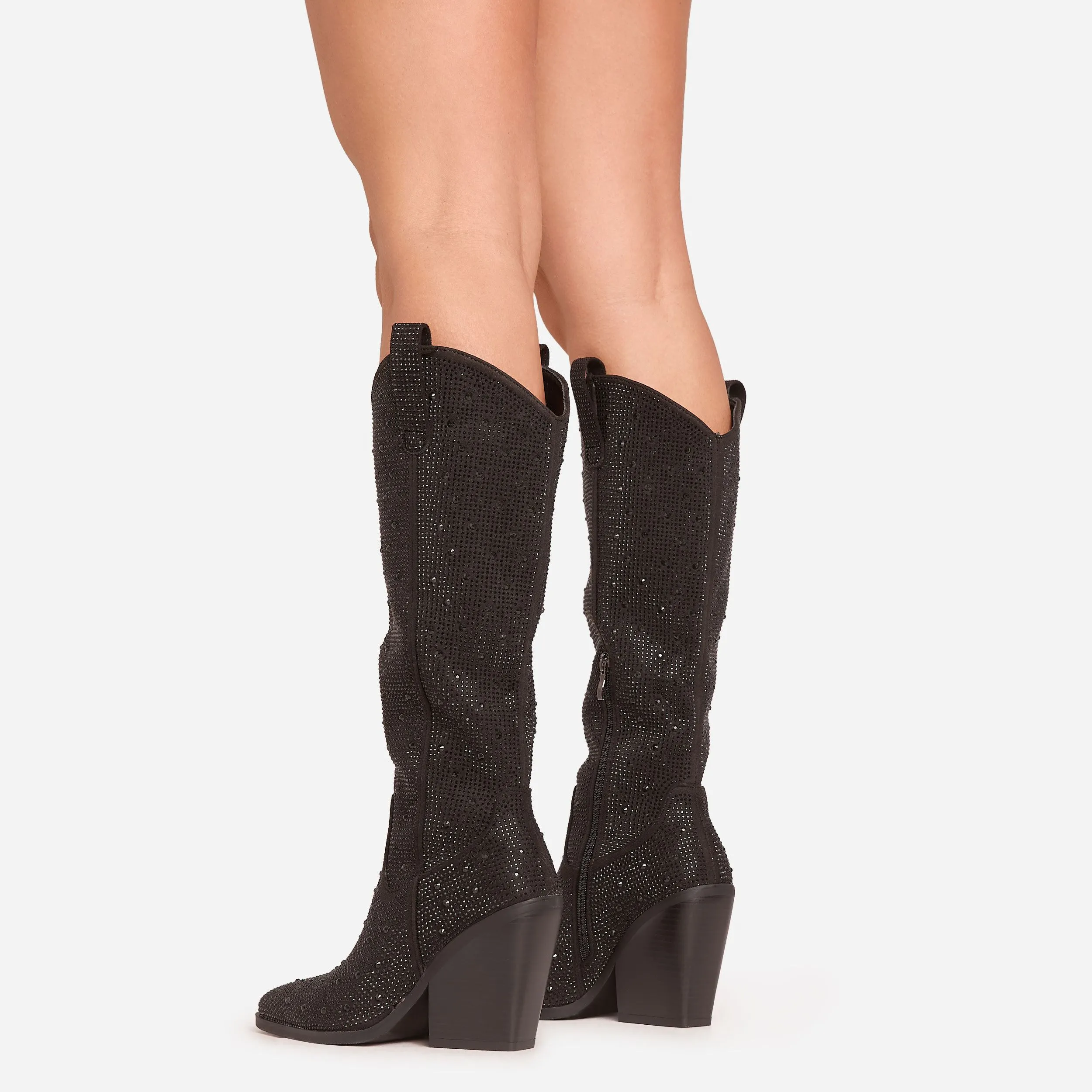 Izzy Diamante Detail Pointed Toe Knee High Western Cowboy Boot In Black Faux Suede