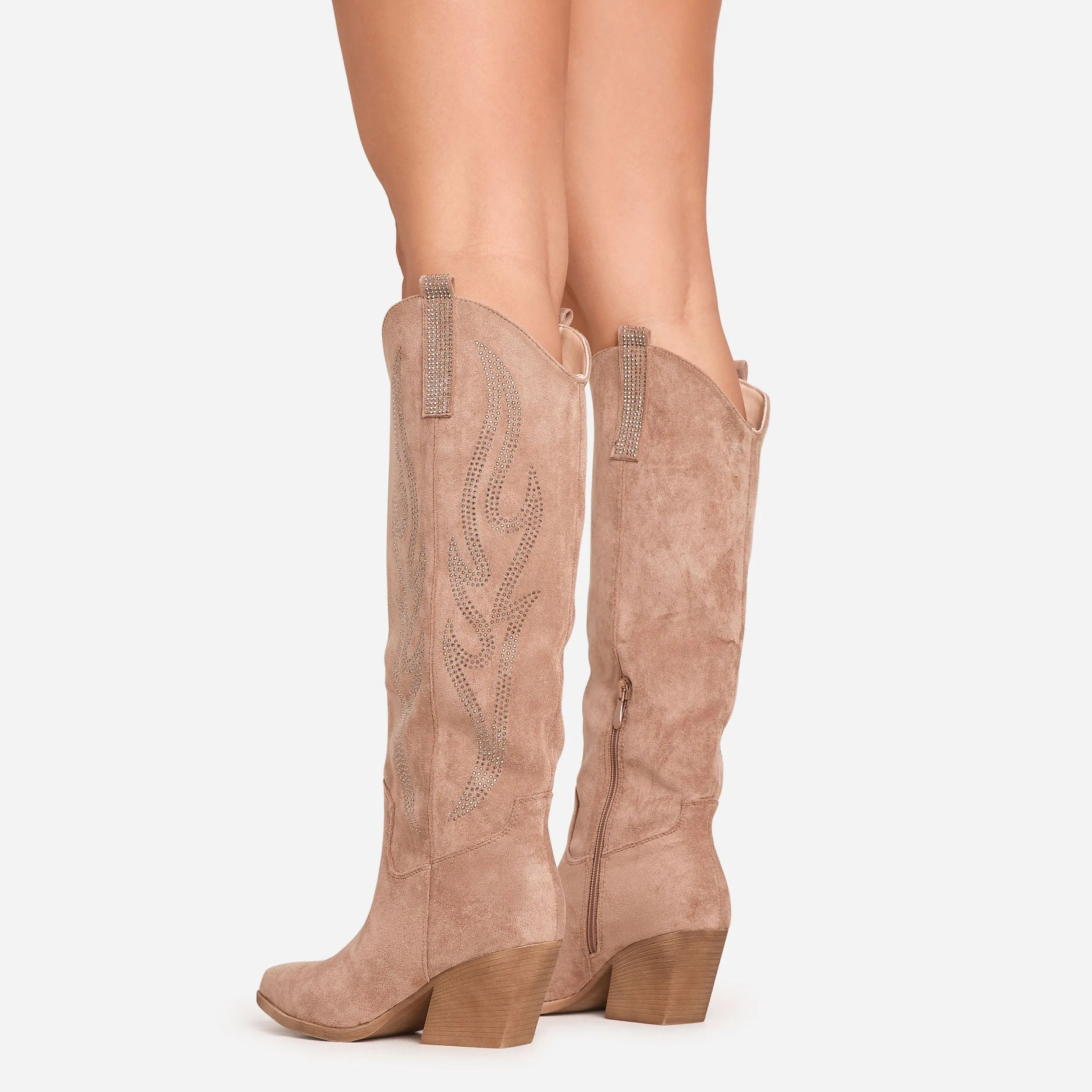 Izzy Diamante Detail Pointed Toe Knee High Western Cowboy Boot In Light Brown Faux Suede