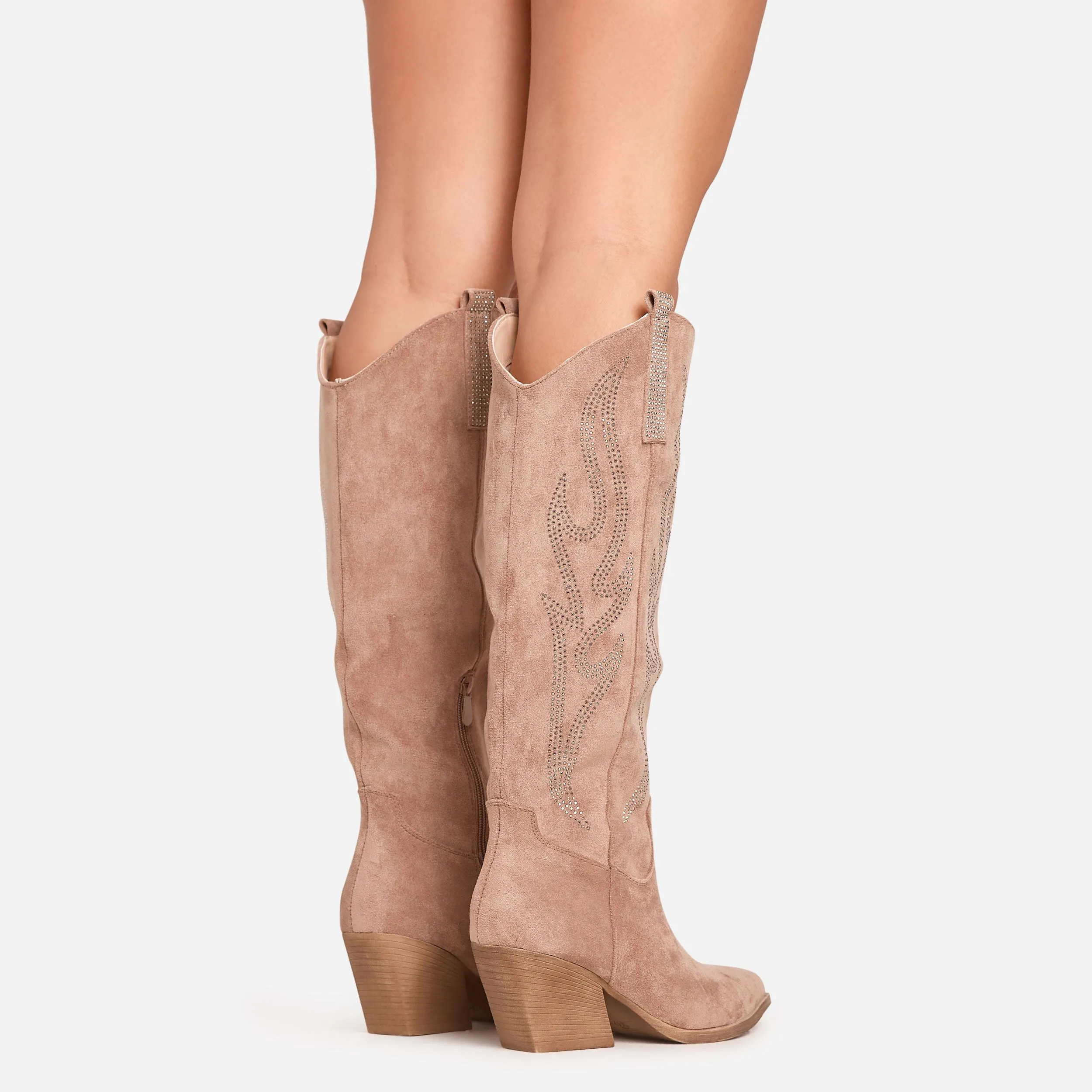 Izzy Diamante Detail Pointed Toe Knee High Western Cowboy Boot In Light Brown Faux Suede