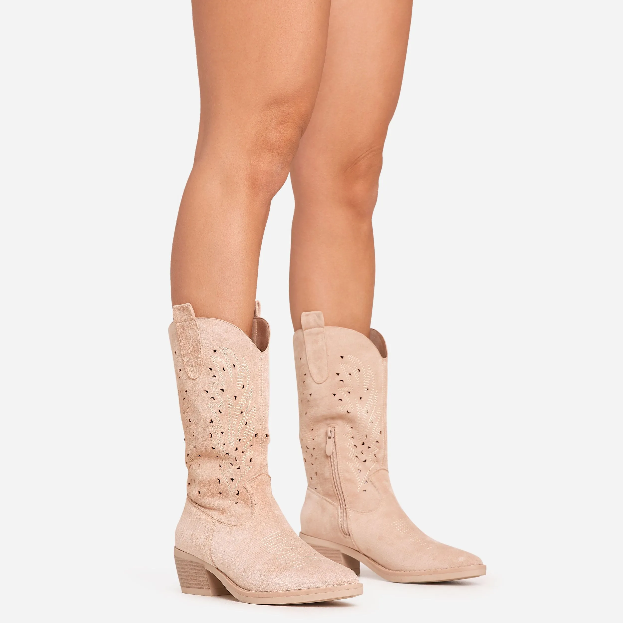 Kelly Cut Out Detail Pointed Toe Mid Calf Western Cowboy Boot In Beige Faux Suede