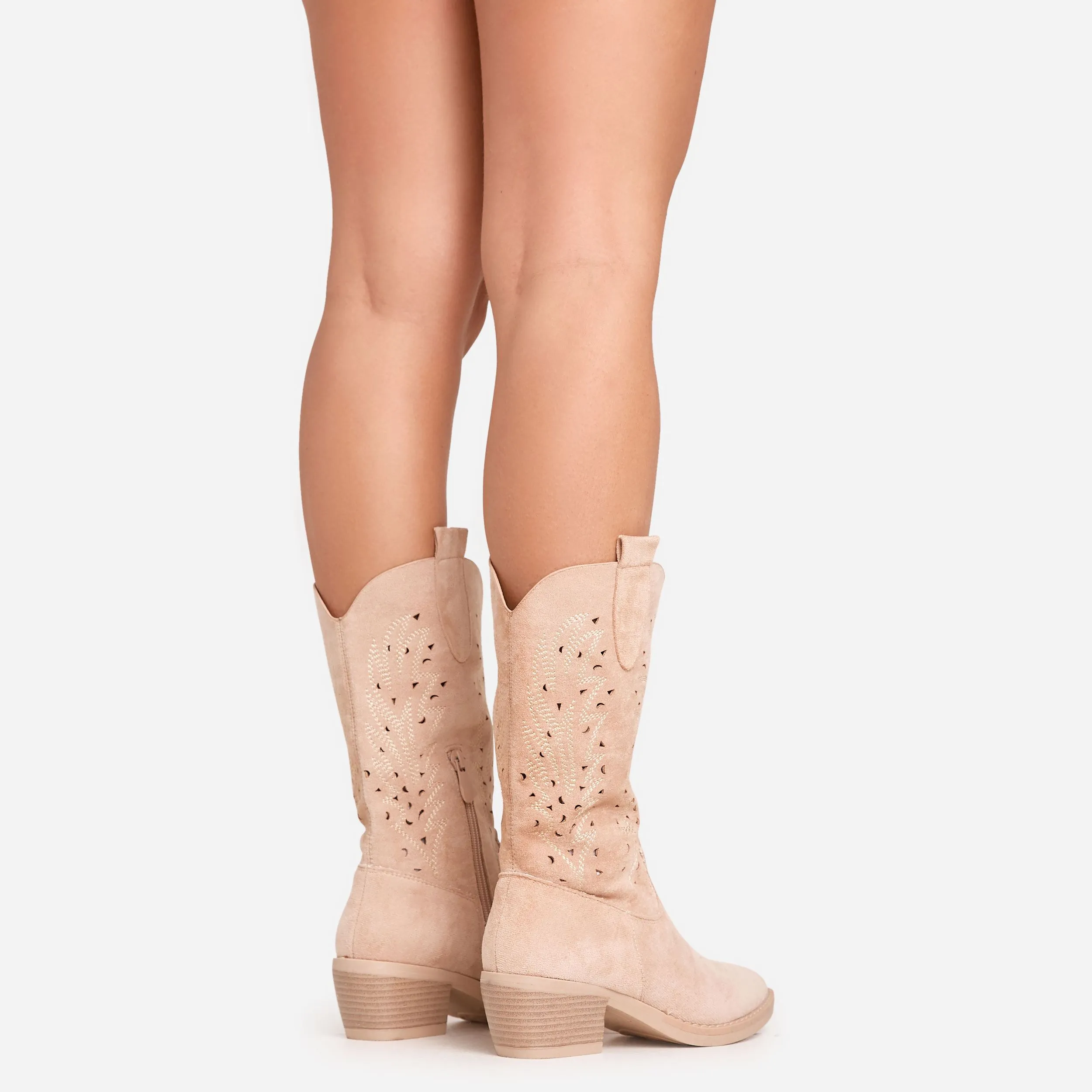 Kelly Cut Out Detail Pointed Toe Mid Calf Western Cowboy Boot In Beige Faux Suede