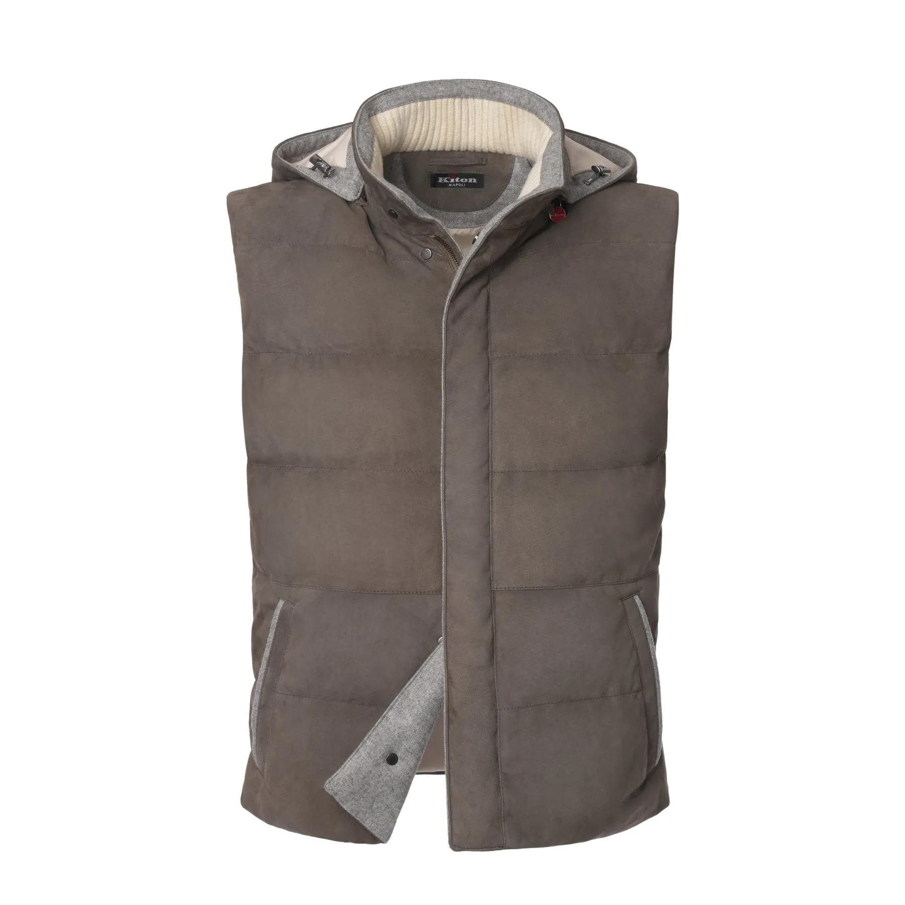  Kiton Quilted Hooded Suede Vest in Taupe