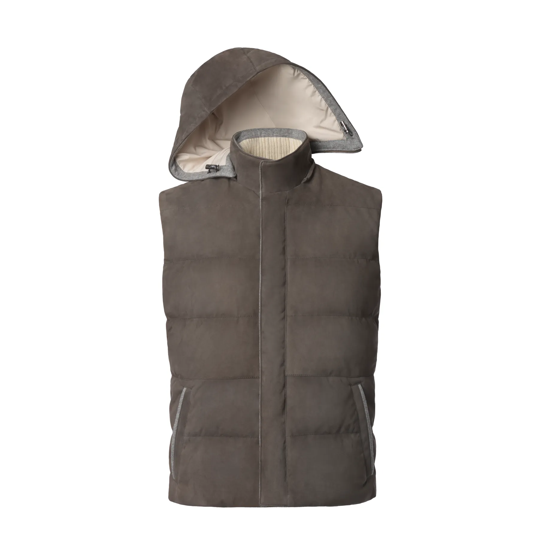  Kiton Quilted Hooded Suede Vest in Taupe