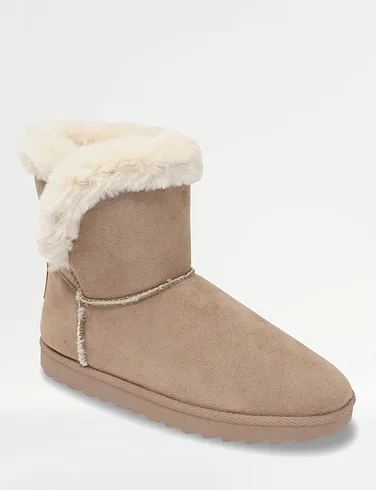 Ladies Wide Fit Pull On Faux Fur Trim Mock Suede Boot