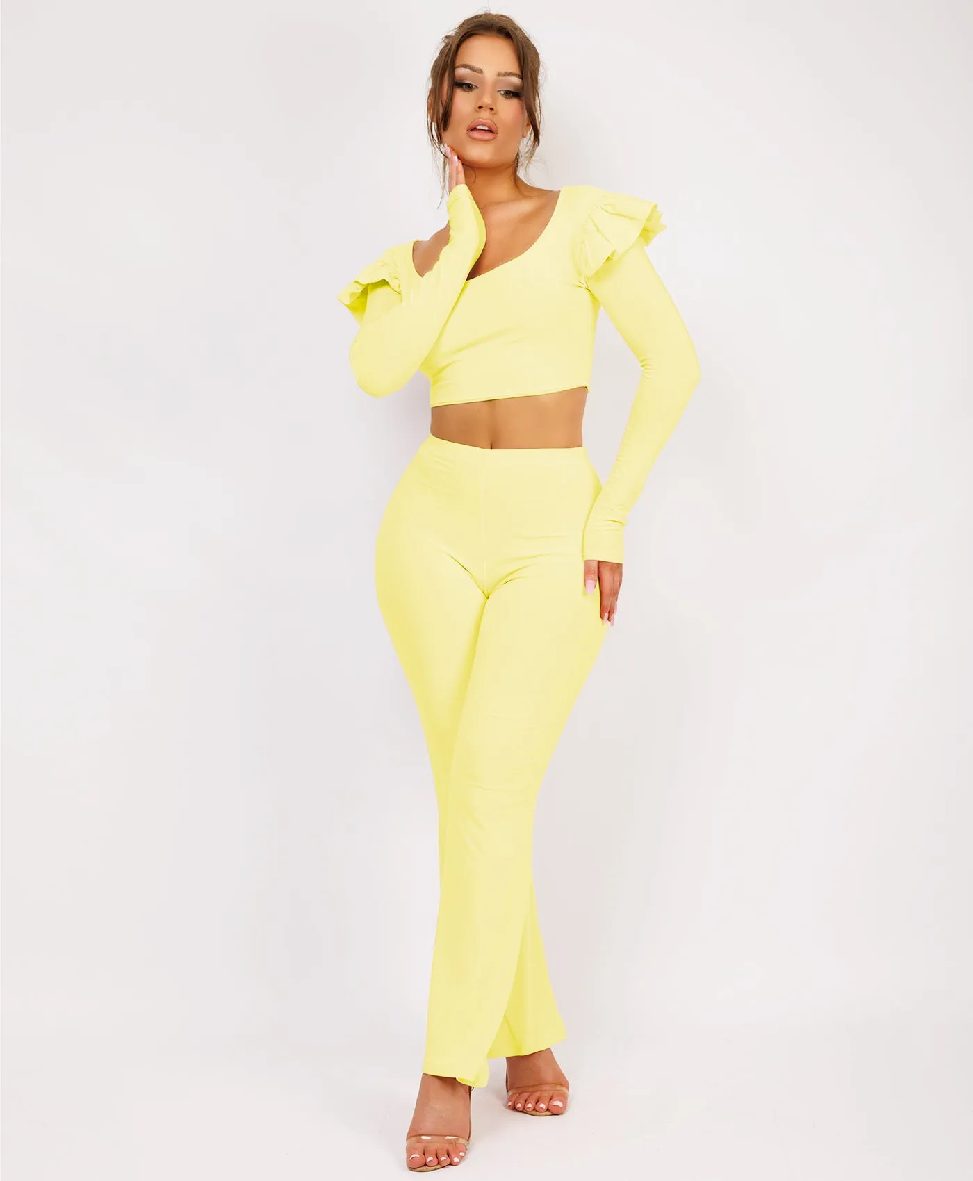 Lemon Frill Shoulder Long Sleeve Slinky Top And Trousers Loungewear Set