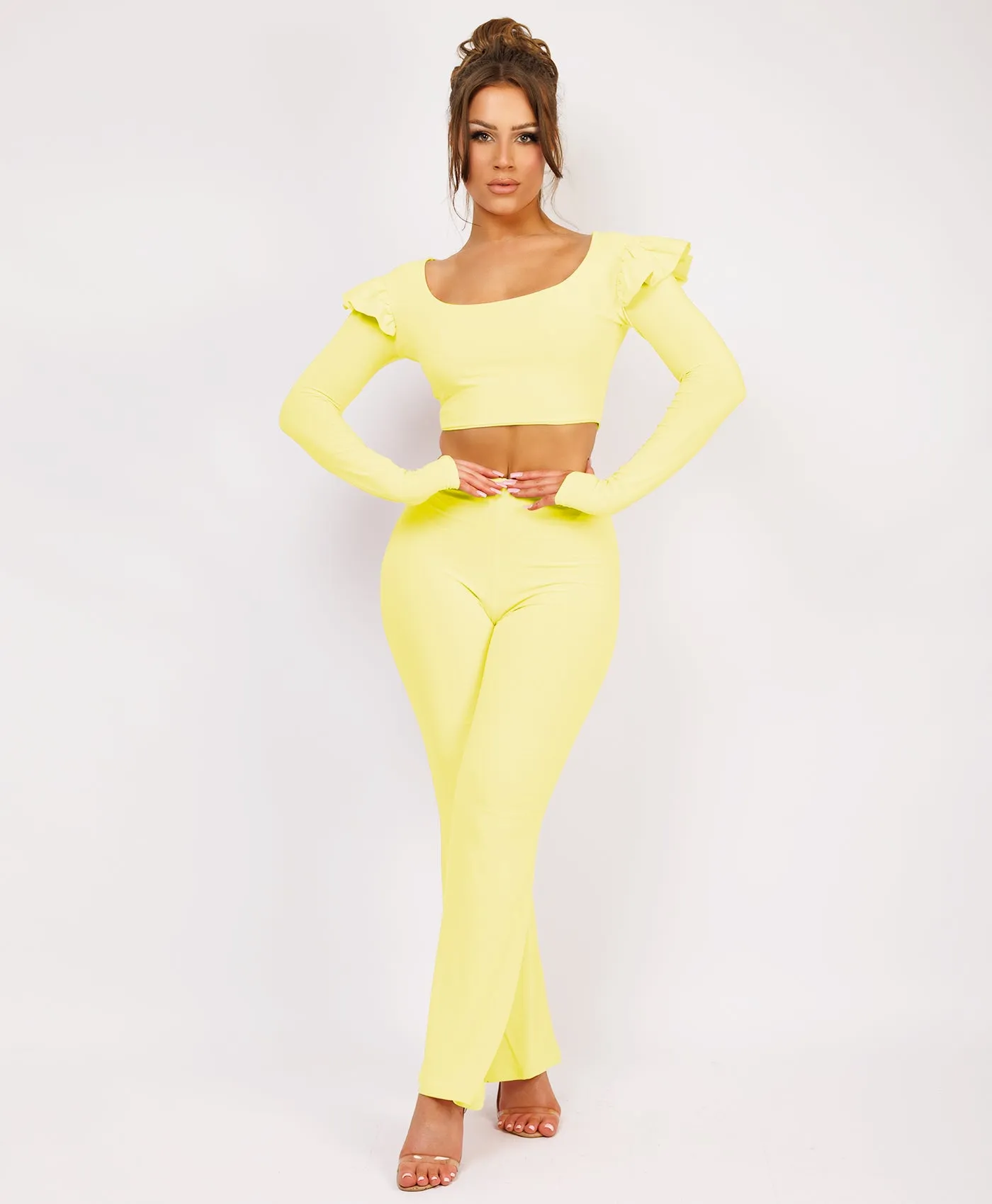 Lemon Frill Shoulder Long Sleeve Slinky Top And Trousers Loungewear Set