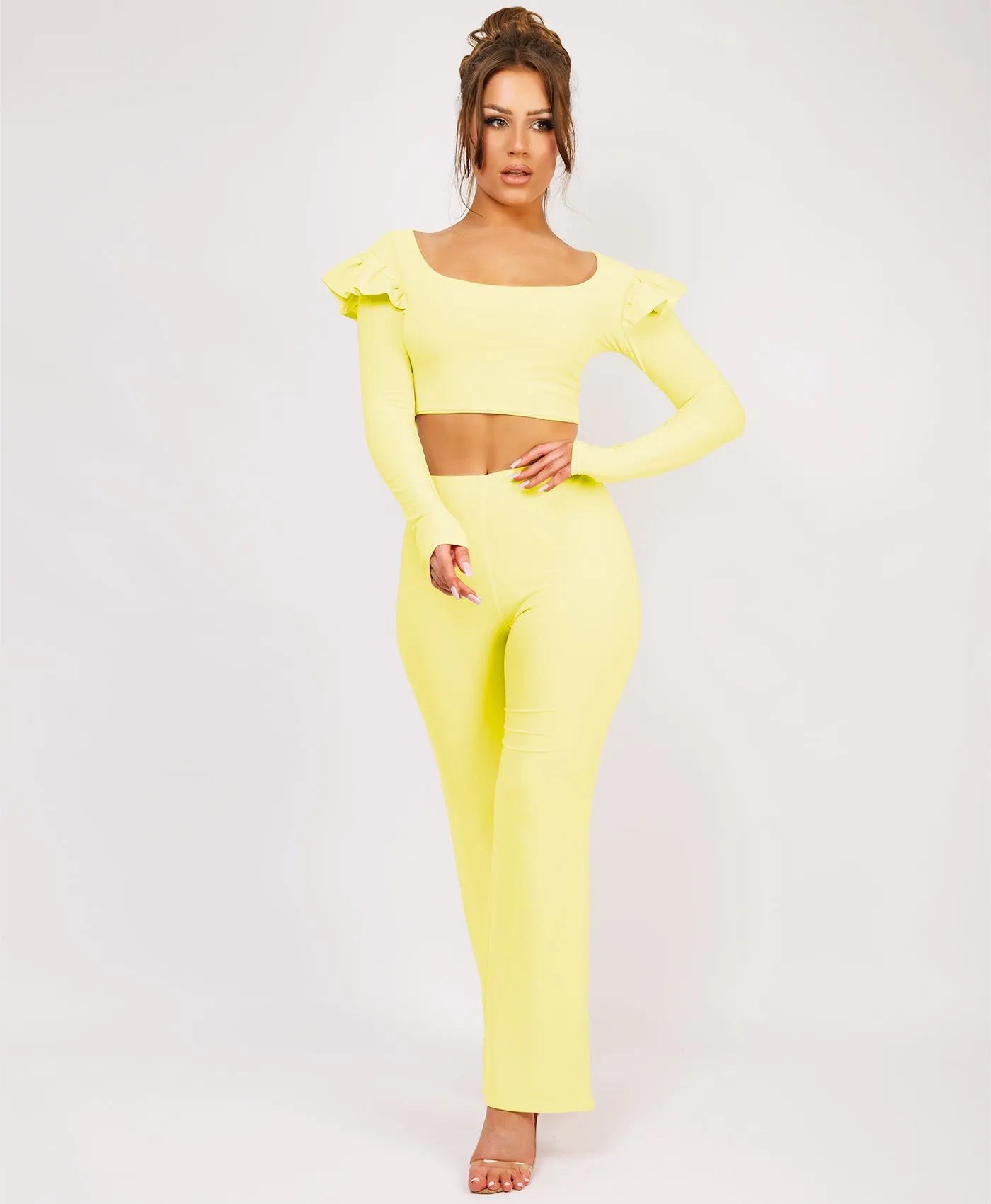 Lemon Frill Shoulder Long Sleeve Slinky Top And Trousers Loungewear Set