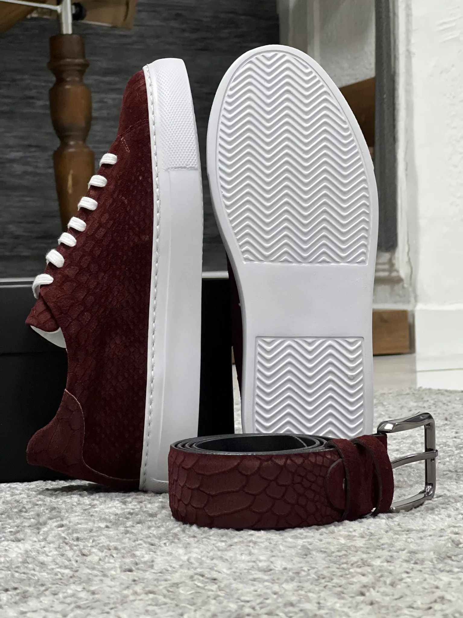 Lenzi Special Edition Suede Print Leather Burgundy Sneakers