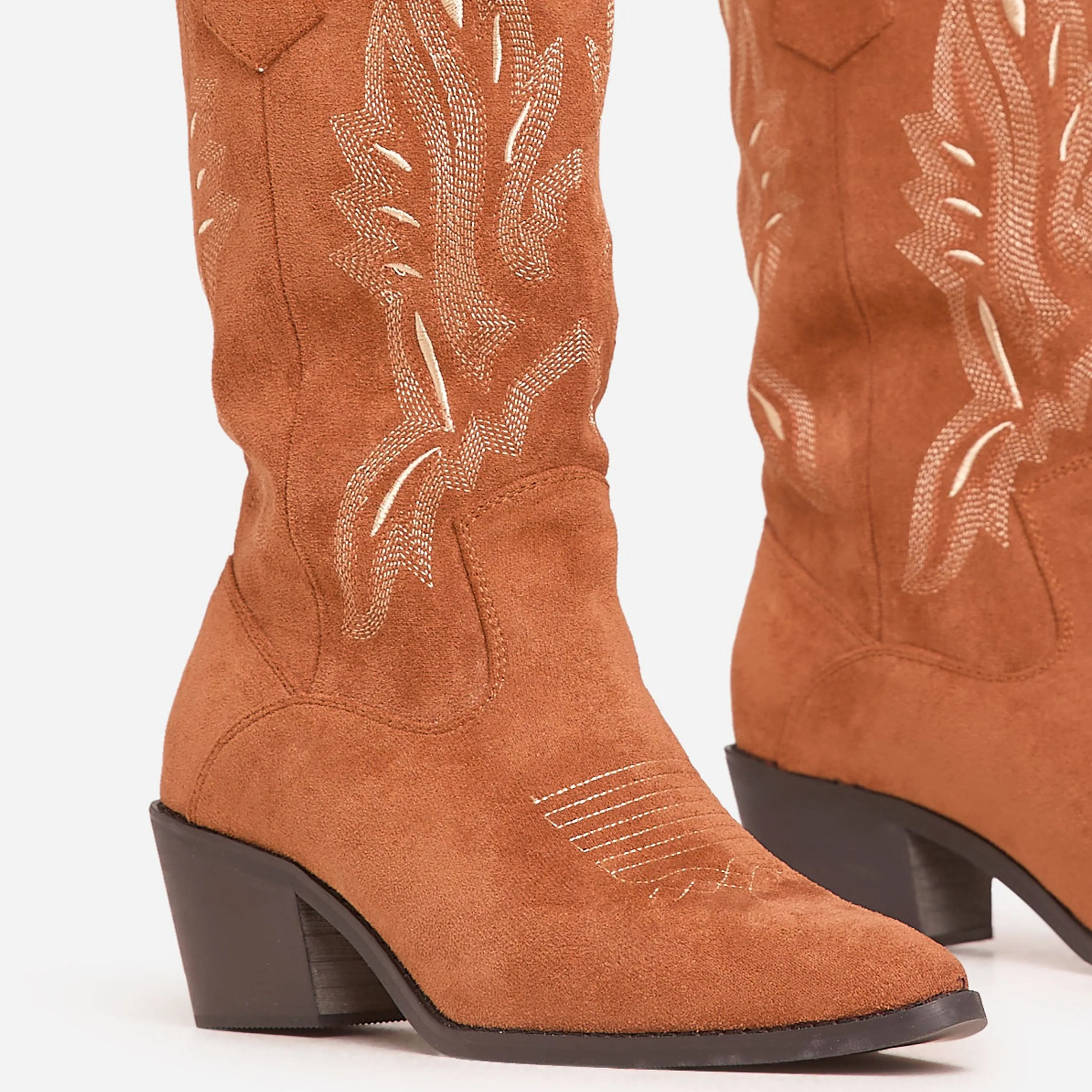 Lets-Talk Embroidered Detail Pointed Toe Mid Calf Western Cowboy Boot In Tan Brown Faux Suede