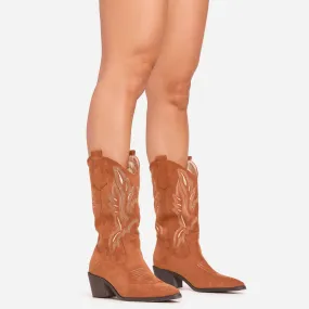 Lets-Talk Embroidered Detail Pointed Toe Mid Calf Western Cowboy Boot In Tan Brown Faux Suede