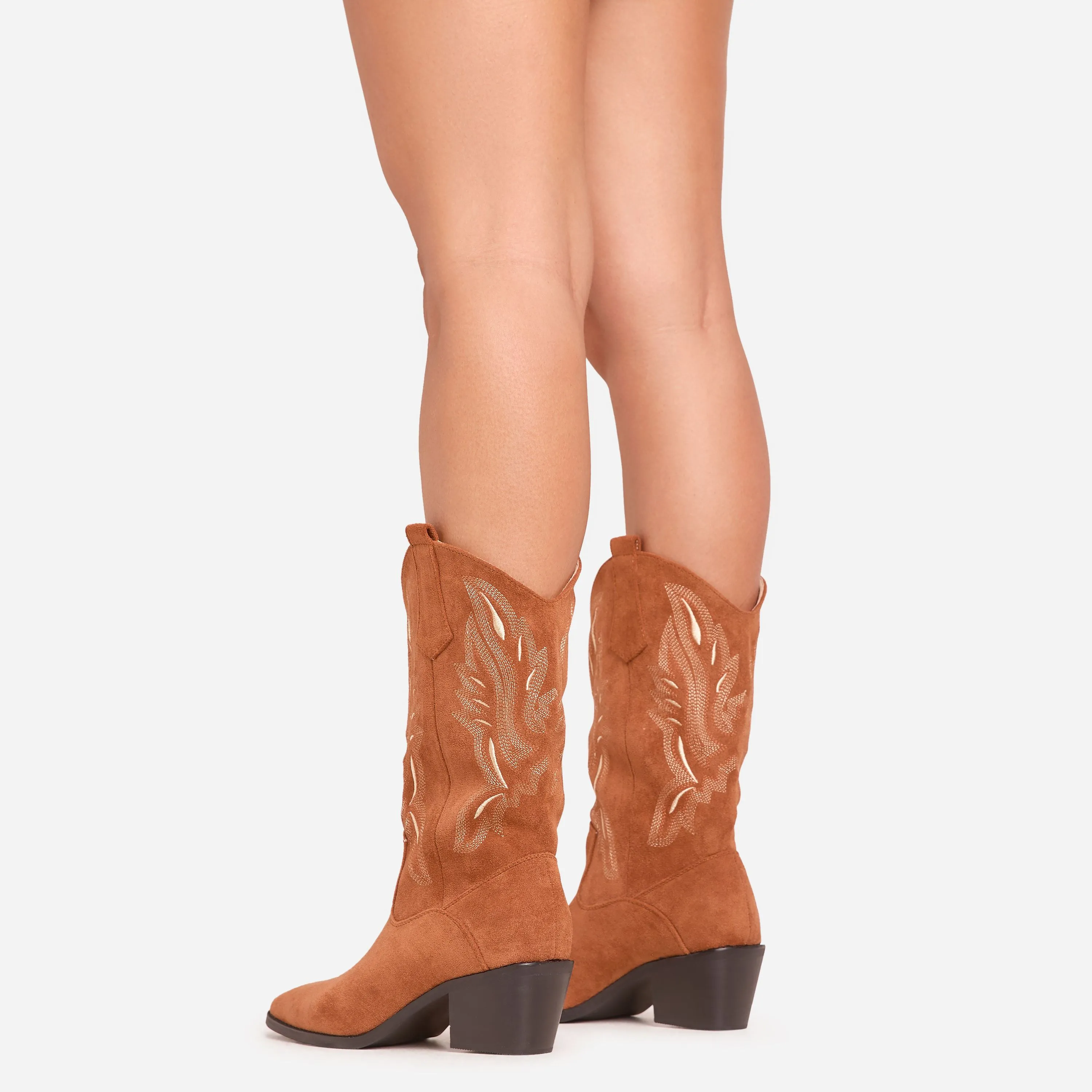 Lets-Talk Embroidered Detail Pointed Toe Mid Calf Western Cowboy Boot In Tan Brown Faux Suede