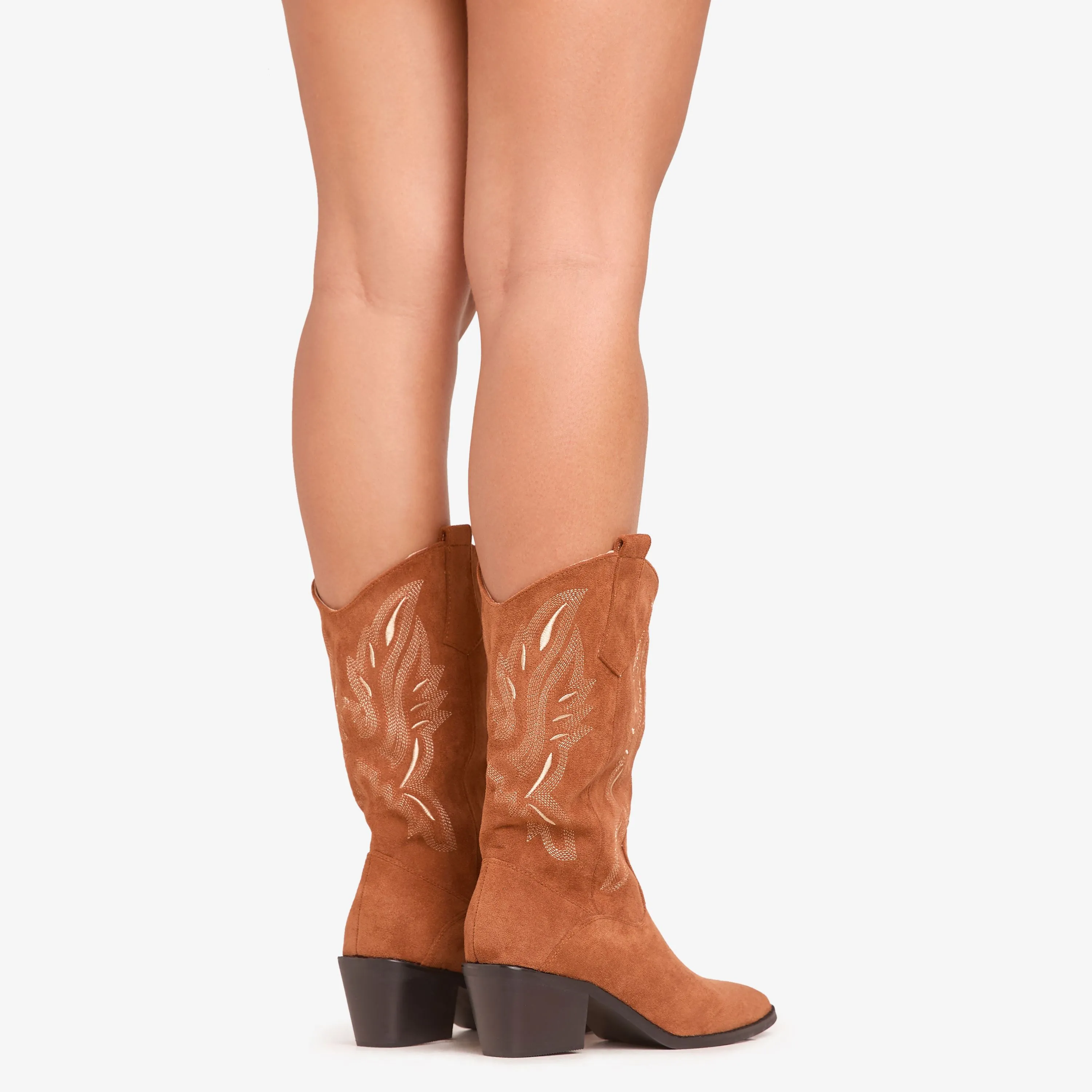 Lets-Talk Embroidered Detail Pointed Toe Mid Calf Western Cowboy Boot In Tan Brown Faux Suede