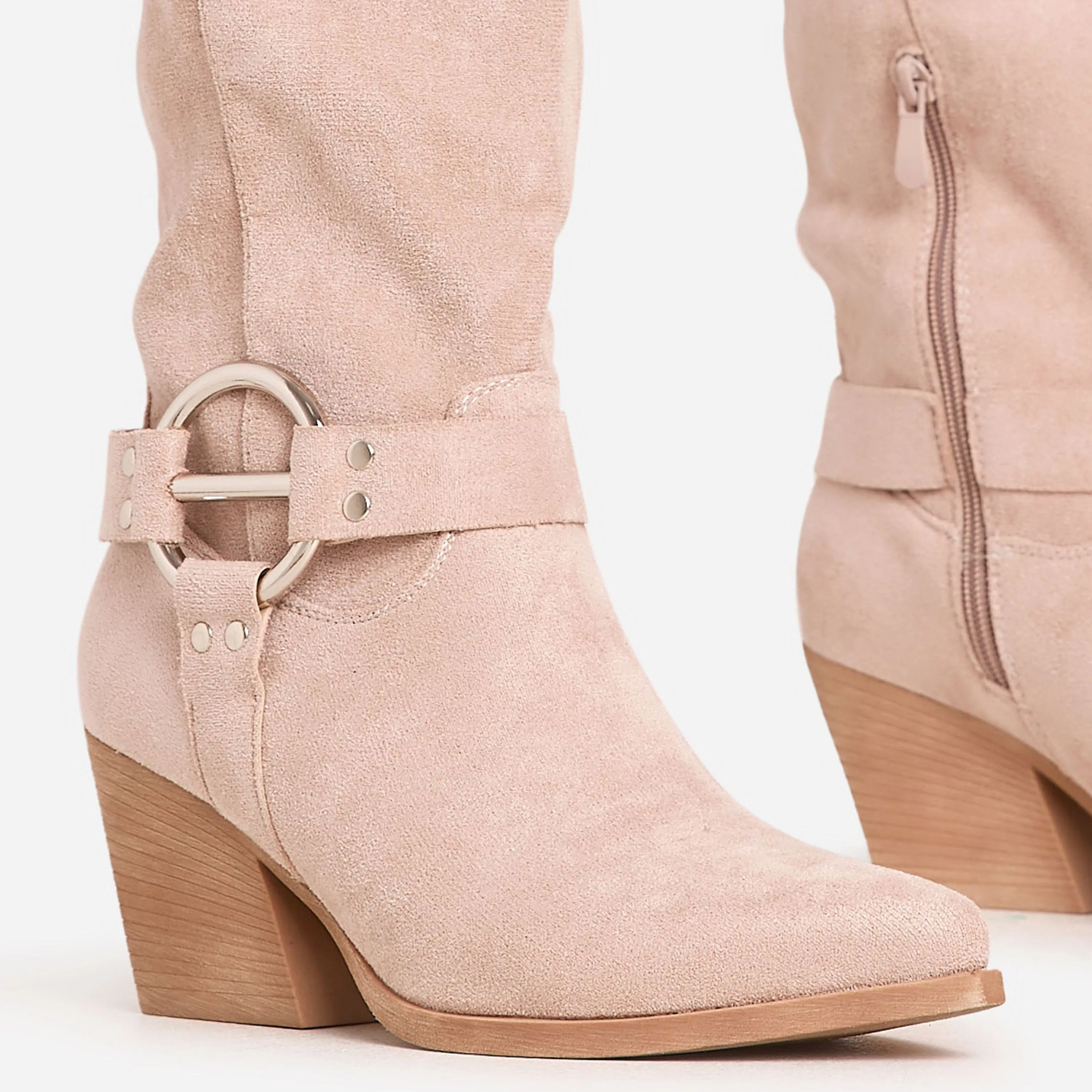 Libera Ring Detail Pointed Toe Mid Calf Western Cowboy Boot In Beige Faux Suede