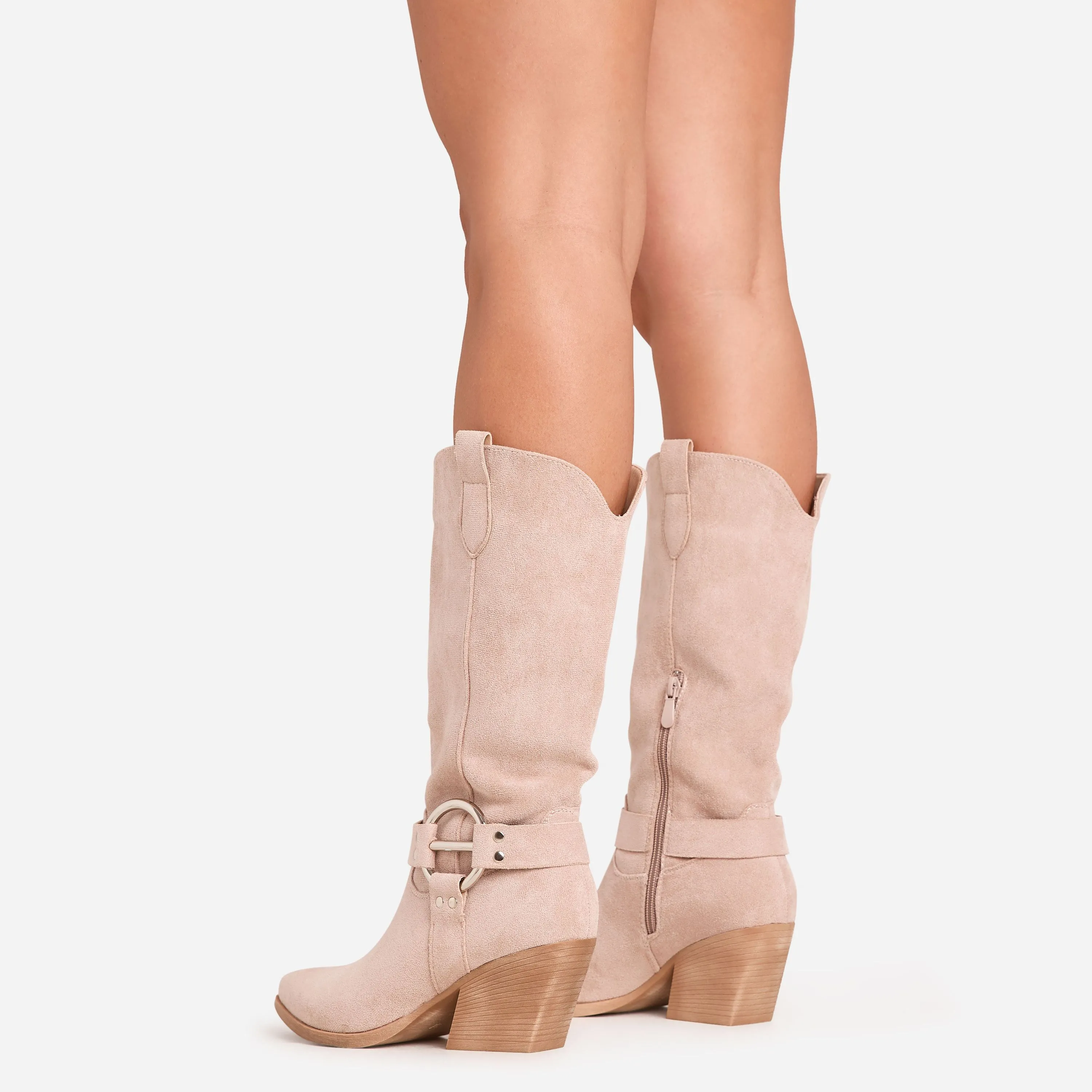 Libera Ring Detail Pointed Toe Mid Calf Western Cowboy Boot In Beige Faux Suede