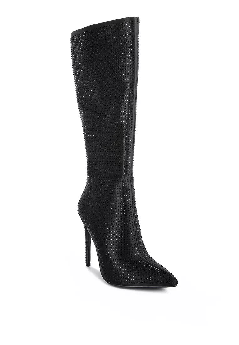 London Rag Black Diamante Set High Heeled Calf Boot