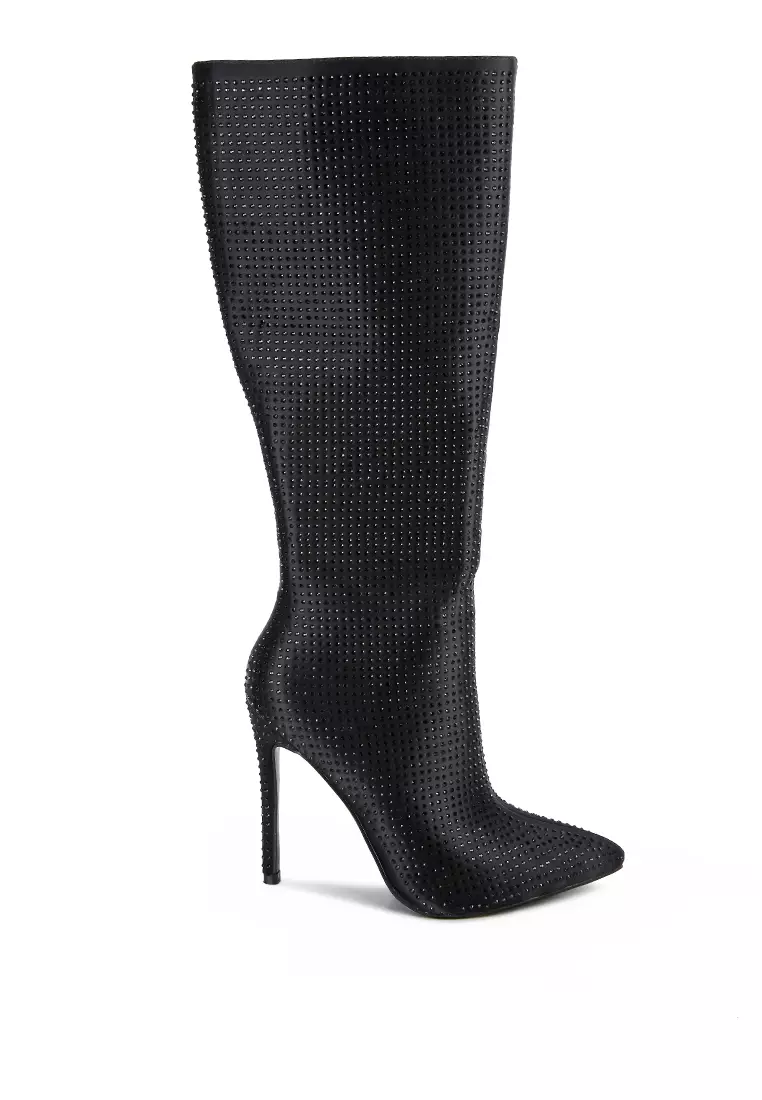 London Rag Black Diamante Set High Heeled Calf Boot