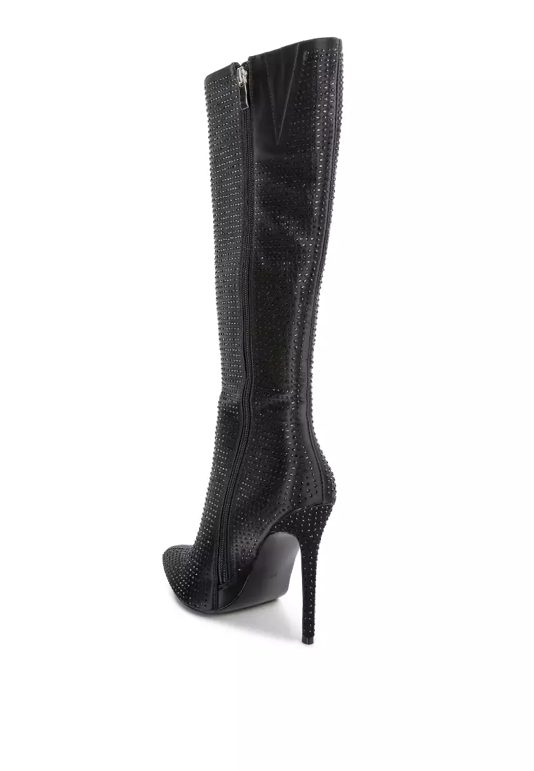 London Rag Black Diamante Set High Heeled Calf Boot