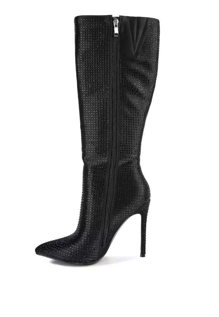 London Rag Black Diamante Set High Heeled Calf Boot