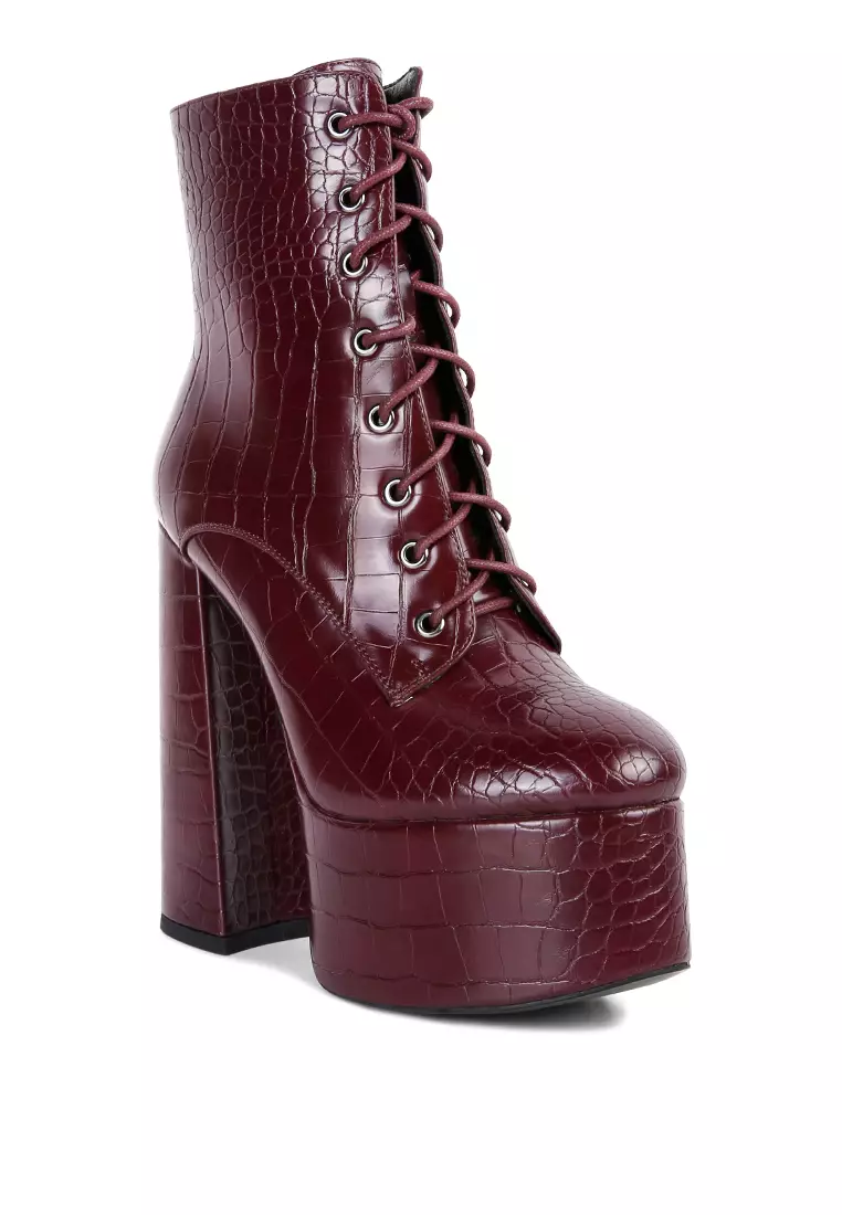 London Rag Burgundy Croc High Block Heeled Boot