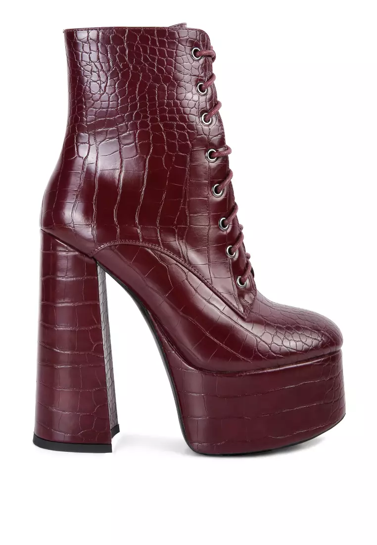 London Rag Burgundy Croc High Block Heeled Boot