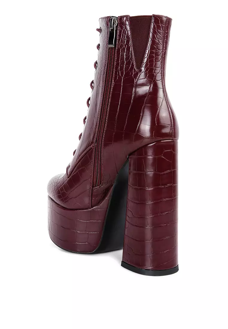 London Rag Burgundy Croc High Block Heeled Boot