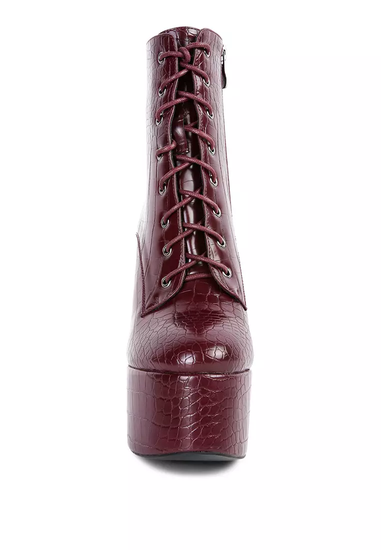 London Rag Burgundy Croc High Block Heeled Boot