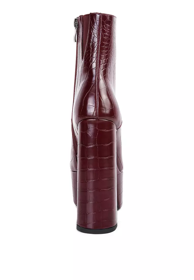 London Rag Burgundy Croc High Block Heeled Boot