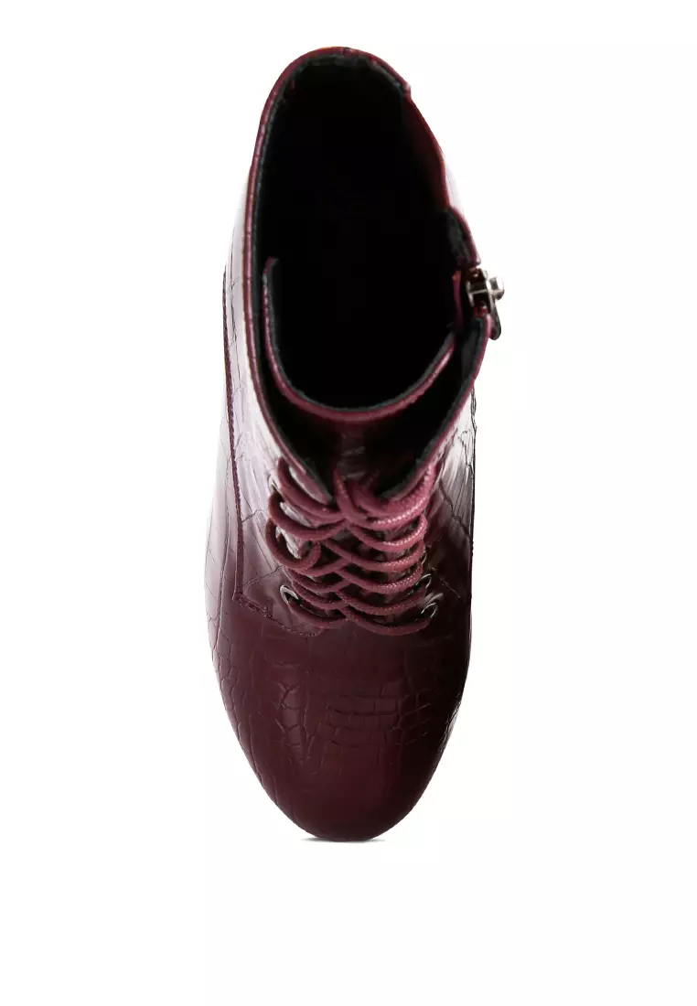 London Rag Burgundy Croc High Block Heeled Boot