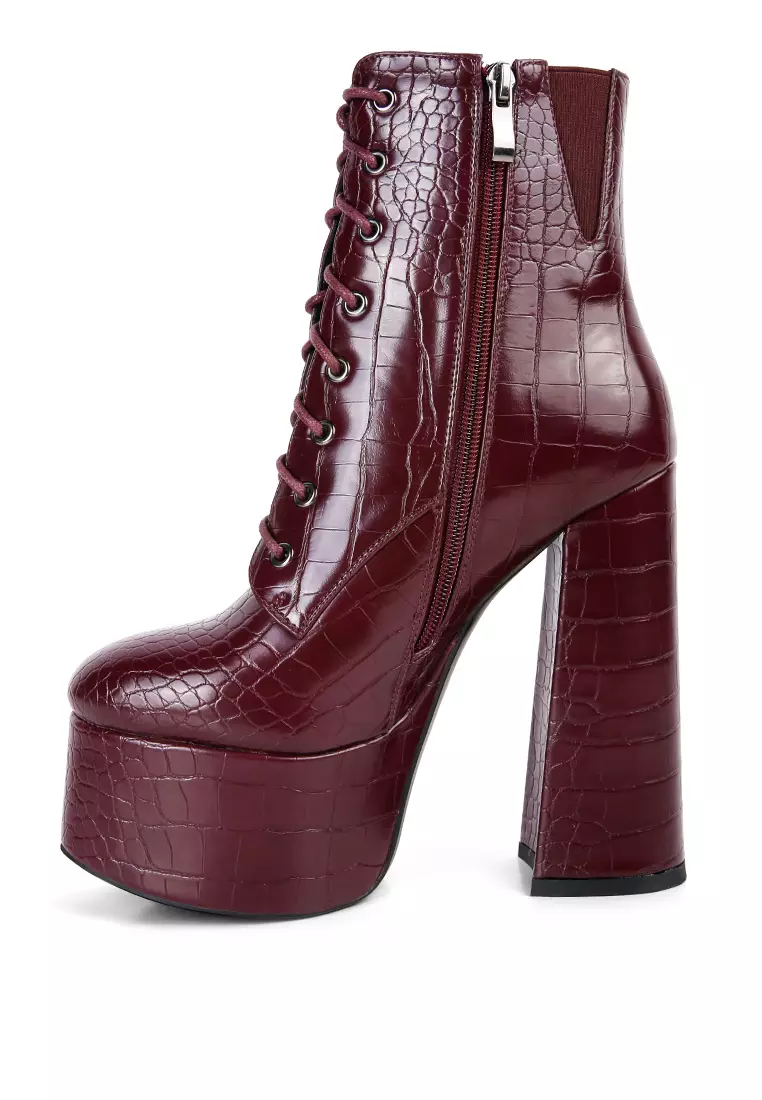 London Rag Burgundy Croc High Block Heeled Boot