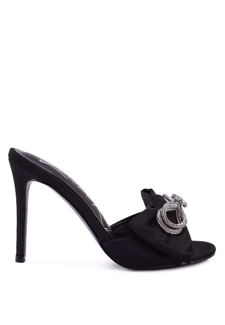 London Rag Crystal Bow Satin High Heeled Sandals in Black