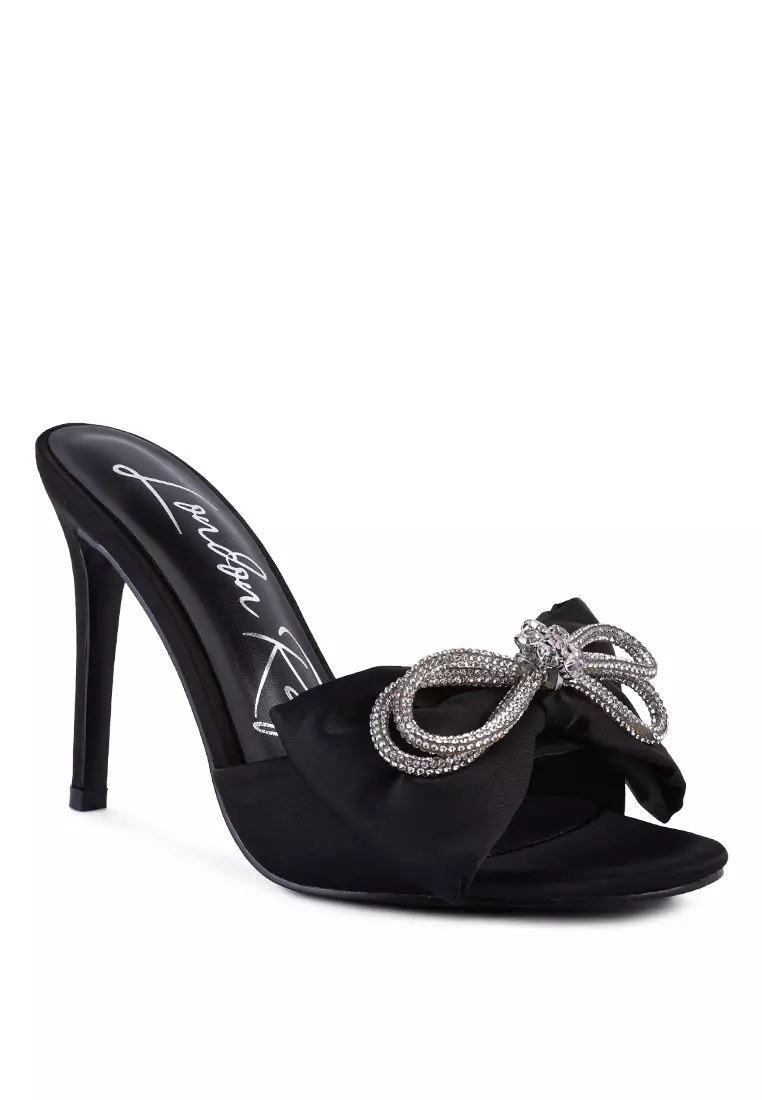 London Rag Crystal Bow Satin High Heeled Sandals in Black