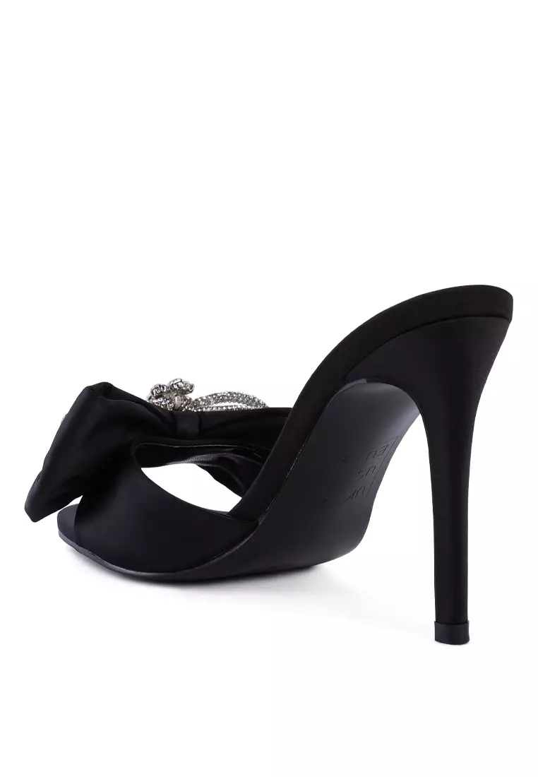 London Rag Crystal Bow Satin High Heeled Sandals in Black