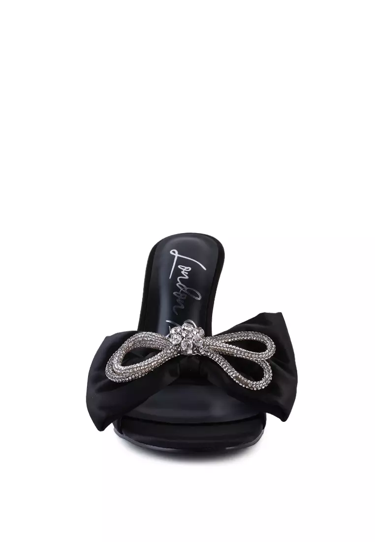 London Rag Crystal Bow Satin High Heeled Sandals in Black