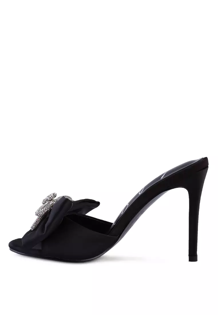 London Rag Crystal Bow Satin High Heeled Sandals in Black