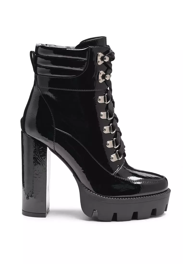 London Rag High Block Heeled Cushion Collared Patent PU Lace-Up Boot in Black