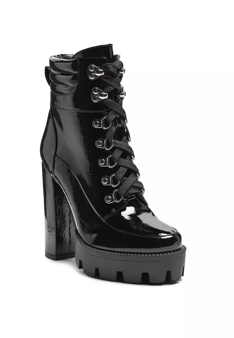 London Rag High Block Heeled Cushion Collared Patent PU Lace-Up Boot in Black