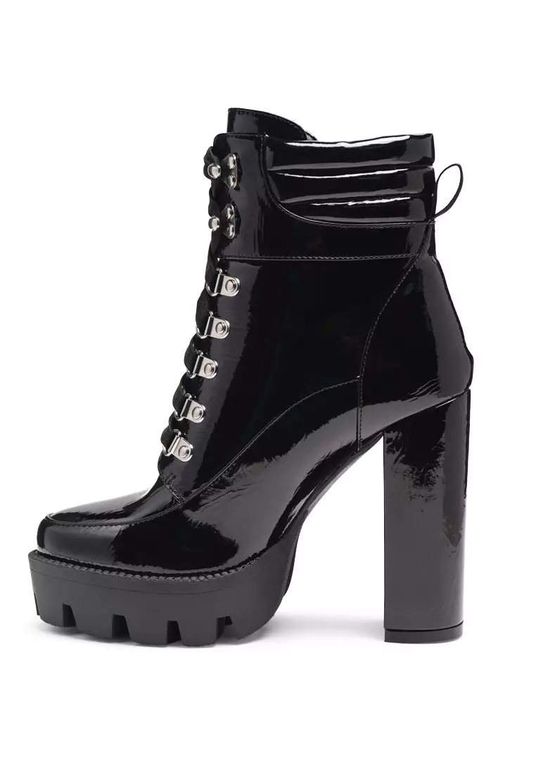 London Rag High Block Heeled Cushion Collared Patent PU Lace-Up Boot in Black