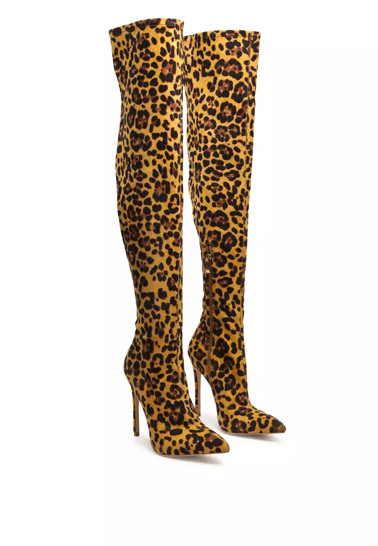 London Rag Knee High Leopard Print Block Heeled Boot