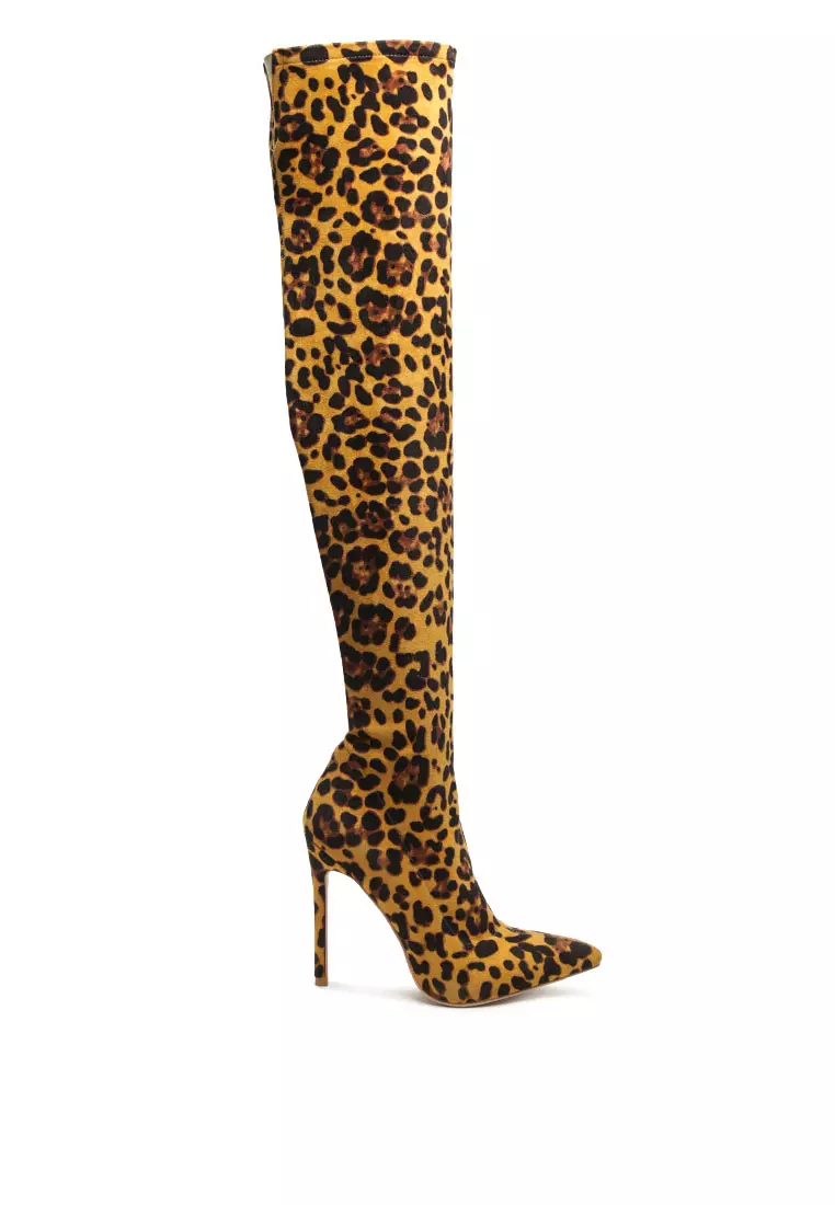 London Rag Knee High Leopard Print Block Heeled Boot