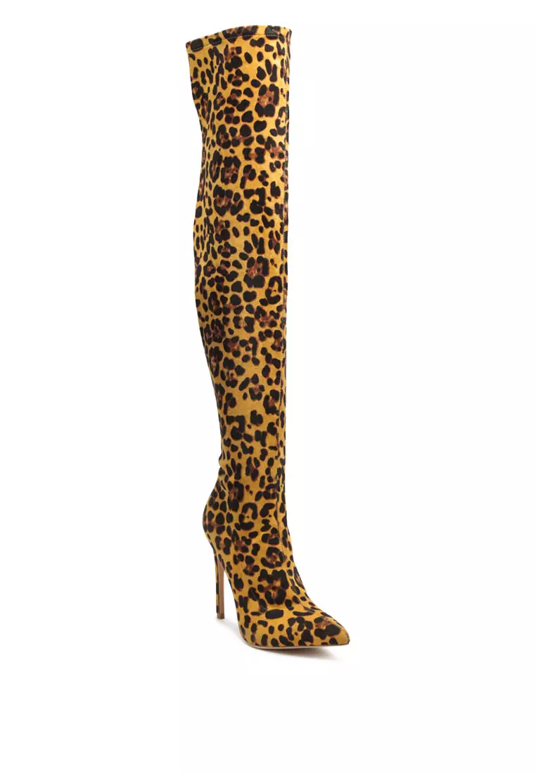 London Rag Knee High Leopard Print Block Heeled Boot