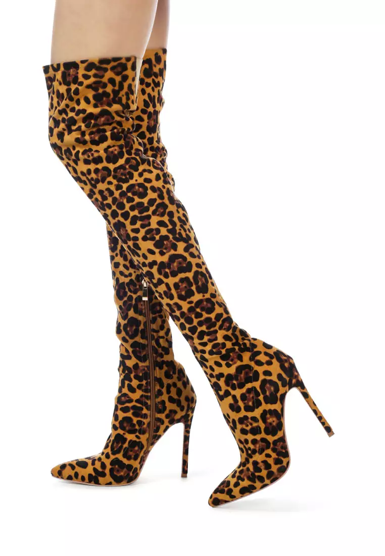 London Rag Knee High Leopard Print Block Heeled Boot