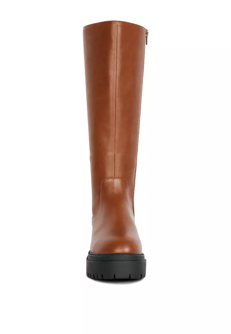 London Rag Tan Round Toe Knee High Platform Boot