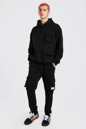 Loose Fit Cargo Hooded Tracksuit With Tab | boohooMAN UK