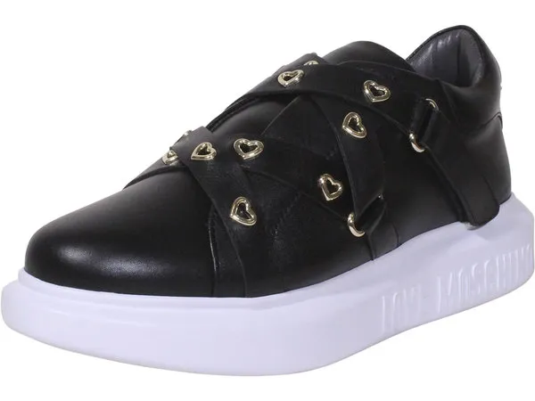 Love Moschino Women's Calfskin Heart Eyelets Sneakers Black Sz: 10