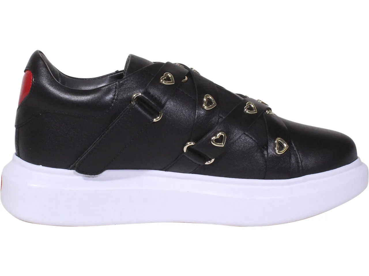 Love Moschino Women's Calfskin Heart Eyelets Sneakers Black Sz: 10