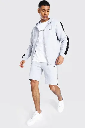 Man Signature Zip Hooded Short Tracksuit | boohooMAN UK