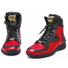 Mauri 8401 Flash Crocodile & Ostrich High Top Sneakers Black / Red (Special Order)