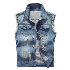 Men's Casual Distressed Frayed Denim Vest 14987136M