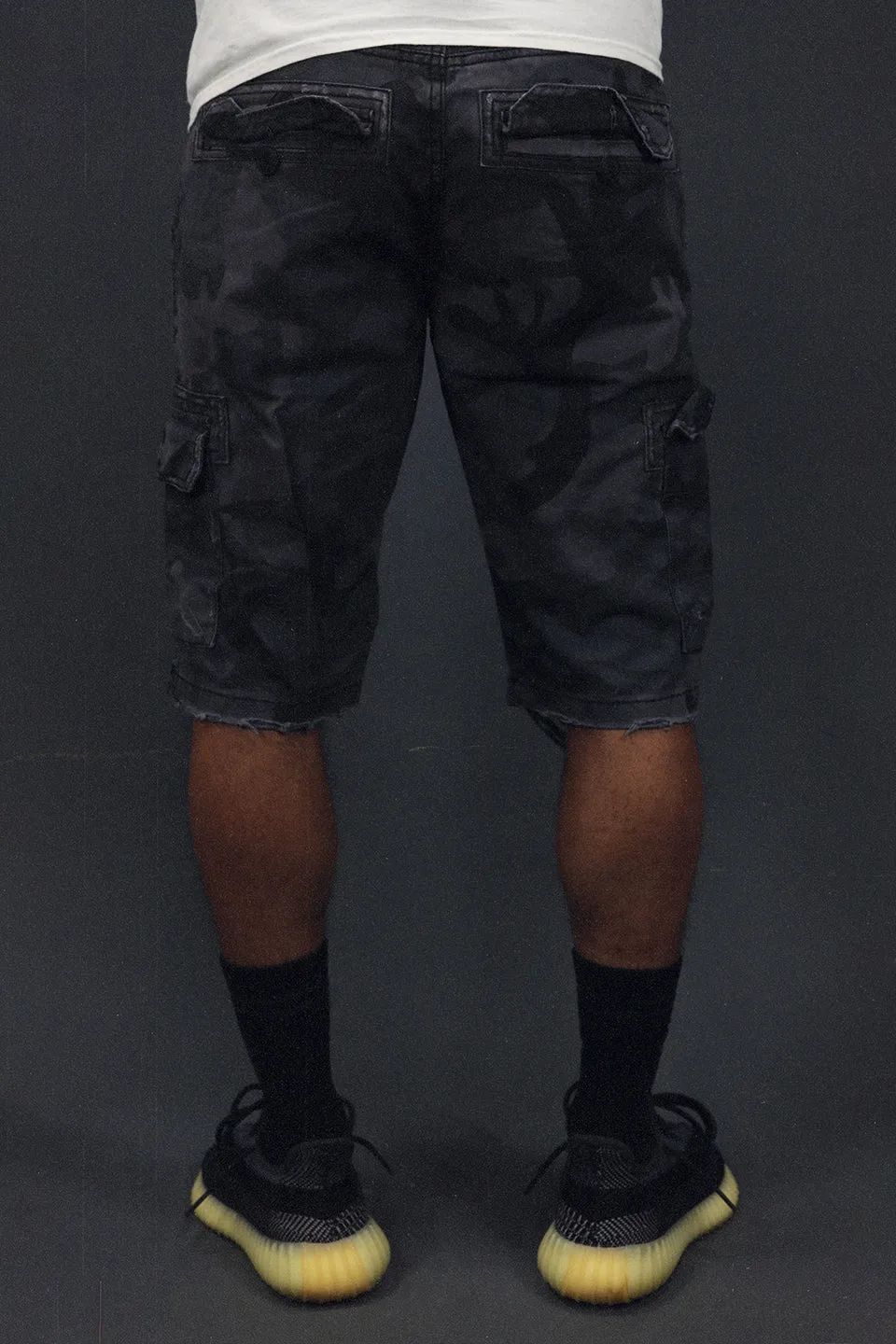 Men's Ripped Black Camo Vintage Distressed Cargo Shorts To Match Sneakers | Black