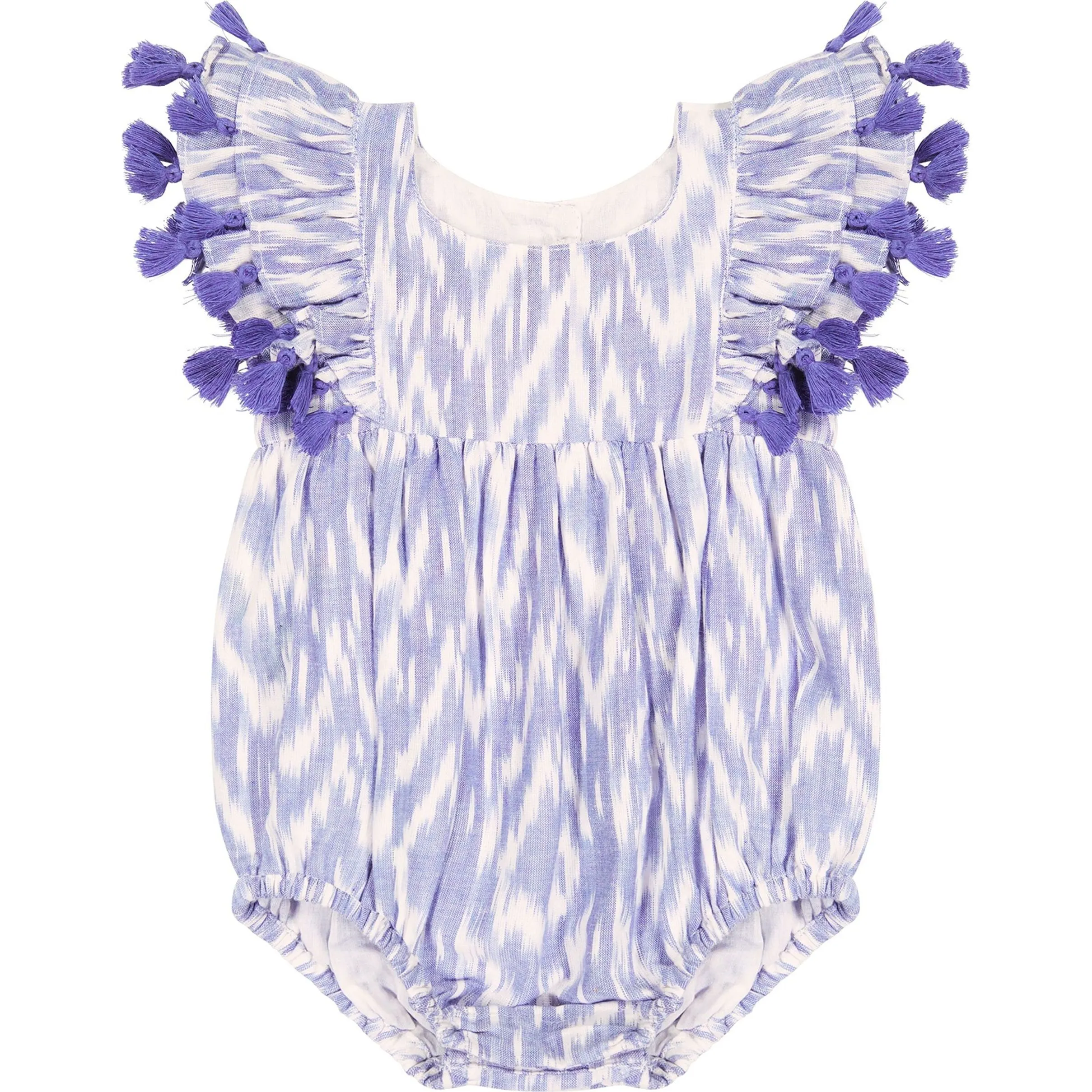 Mer St. Barth Baby Anna Ikat Tassel Flutter Sleeve Romper, Blue